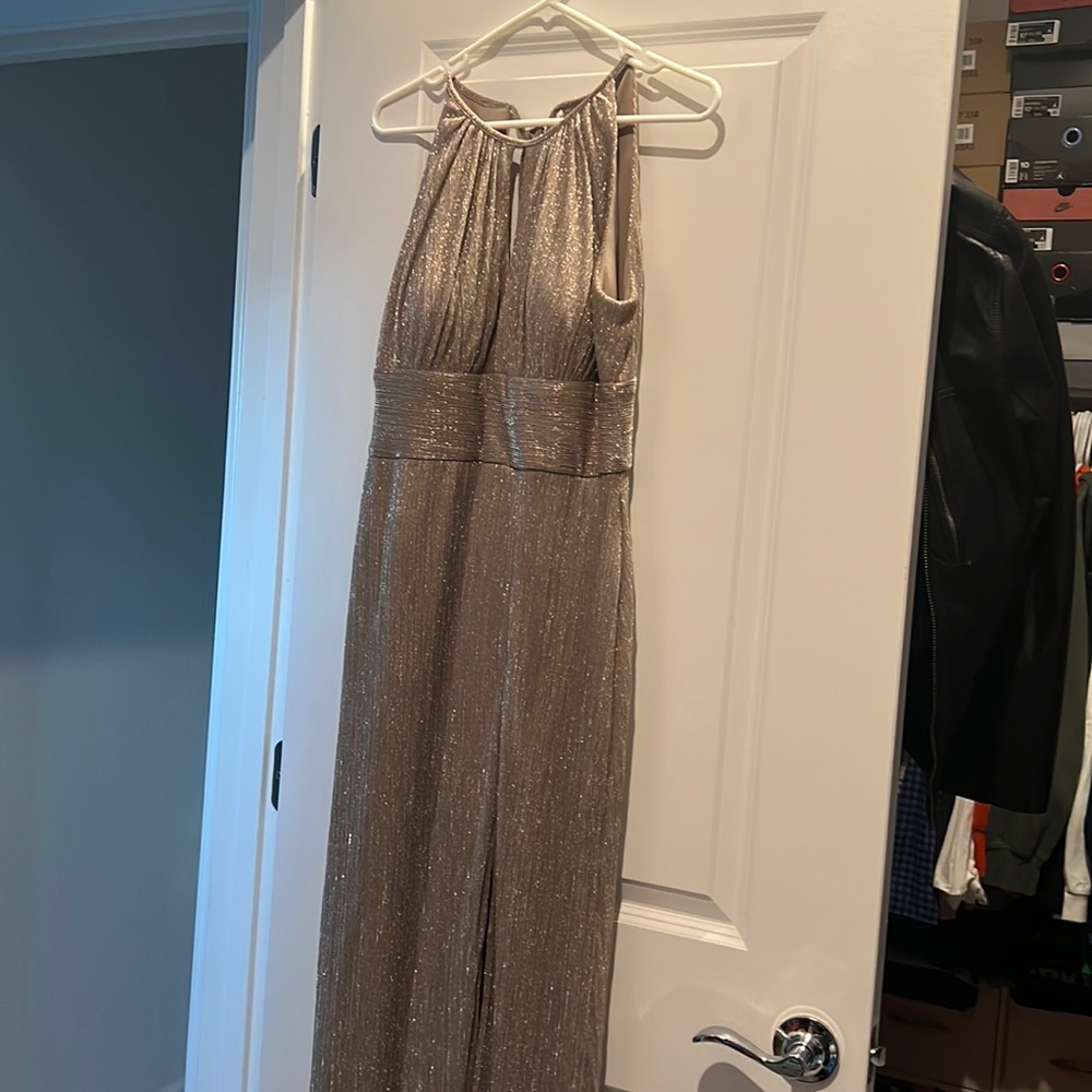 Champagne metallic halter dress.